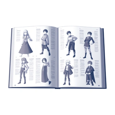 A spread featuring multiple character profiles from a character design book. Each profile showcases a different anime hero, with distinctive features such as unique hairstyles, outfits, and accessories. The characters are depicted in various poses that highlight their personalities and abilities. Alongside each profile, there are detailed annotations describing their traits, backgrounds, and skills in an organized format. The overall layout is clean and structured, emphasizing the individuality of each hero while maintaining a cohesive design.