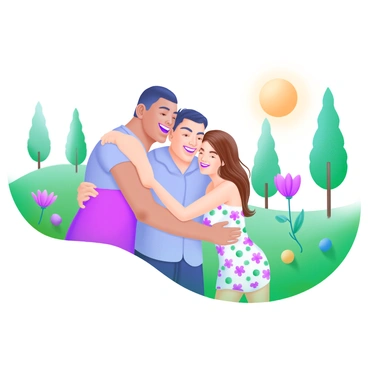 A scene depicting a joyful reunion in a park setting. In the foreground, a parolee, wearing casual clothing, is smiling widely while embracing two family members. The family members include a woman with long brown hair wearing a floral dress and a man with short hair dressed in a blue shirt. They are surrounded by green grass, colorful flowers, and tall trees in the background, creating a vibrant atmosphere. The sun is shining, casting a warm light over the scene.