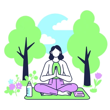 A professional woman is taking a break in a sunny park. She is sitting cross-legged on a yoga mat, wearing a comfortable, fitted outfit. Surrounding her are tall trees with green leaves, providing a natural canopy. In the background, a clear blue sky is visible, creating a bright atmosphere. She has her eyes closed, focusing on her breathing, while a gentle breeze moves through the park. A water bottle and a small towel are placed beside her on the mat. A few colorful flowers bloom nearby, adding a touch of vibrancy to the scene.