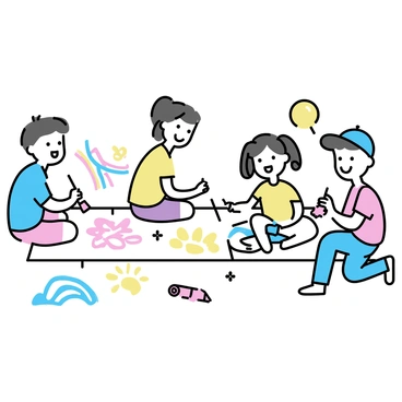 A group of children, three boys and two girls, are sitting on a bright concrete sidewalk, each with colorful chalk sticks in hand. They are focused on creating vibrant drawings of flowers, suns, and animals on the pavement. The sunlight casts soft shadows on their artwork. One girl with pigtails is drawing a large rainbow, while a boy with a blue cap is coloring a yellow sun. Laughter fills the air as they share ideas and smile at each other's art. The scene is filled with a sense of joy and creativity.