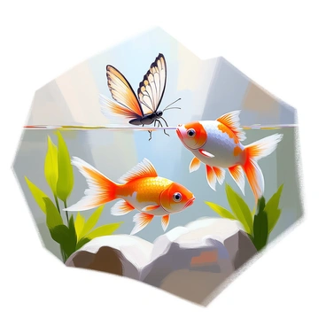 A goldfish with vibrant orange scales is swimming playfully just below the water's surface. Above the water, a delicate butterfly with intricate patterns on its wings flutters gracefully, creating ripples in the water as it hovers close. The goldfish is curiously glancing upward, its fins gently moving as it maneuvers to engage with the butterfly. Sunlight is streaming down, illuminating the scene and casting shimmering reflections on the water's surface. The background features lush green aquatic plants that sway softly with the gentle movement of the water.