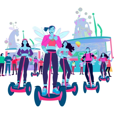 A vibrant festive parade with participants riding creatively decorated mini segways. Each segway is adorned with colorful streamers and lights, reflecting various themes such as nature, technology, and fantasy. The riders wear bright costumes that complement their segways, showcasing elements like fairy wings, futuristic attire, and floral patterns. The parade route is lined with cheering spectators, some waving flags and holding balloons. In the background, there are floats decorated with large, eye-catching sculptures and banners that celebrate the occasion. The scene is filled with energy and excitement as the participants smile and engage with the crowd.
