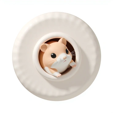 A small, fluffy hamster with light brown fur and white patches is peeking out from inside its circular, transparent hamster wheel. Its little black eyes are wide with curiosity as it looks to the side. The wheel is set against a soft, textured background that suggests a cozy habitat. The hamster's tiny paws are resting on the edge of the wheel, and its whiskers are prominently displayed, adding to its inquisitive expression.