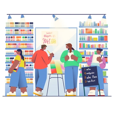 A bustling art supply shop in London features tall shelves filled with an array of colorful materials. On the left, there are neatly organized tubes of paint in various shades, ranging from vibrant reds to deep blues. To the right, stacks of sketchbooks with textured covers are displayed alongside a variety of brushes with different sizes and shapes. The shop has wooden flooring that reflects the warm light from overhead lamps. Customers of diverse backgrounds are exploring the shop, one examining a canvas while another is in front of a shelf filled with markers. A chalkboard sign near the entrance lists the day's specials in colorful chalk lettering.