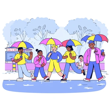 A scene depicting a rainy day in India. People are walking along a street, holding colorful umbrellas in shades of red, blue, and yellow. The ground is covered with puddles reflecting the surroundings. Some individuals are laughing and splashing in the water, enjoying the monsoon weather. Trees line the street, their leaves glistening with rain. In the background, a small vendor is selling snacks from a cart, adding to the lively atmosphere.