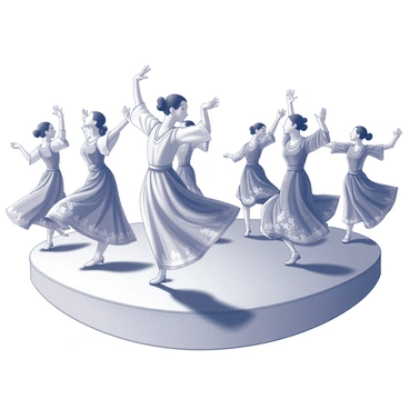 A group of dancers is performing on a stage. They are wearing traditional costumes that feature intricate patterns and vibrant designs. The dancers are in mid-motion, with arms raised and legs extended, capturing the energy of the performance. The scene is viewed through a fish-eye lens, creating a distorted perspective that emphasizes the circular motion of the dancers. The background is filled with subtle hints of decorations that complement the dancers without distracting from their movements.