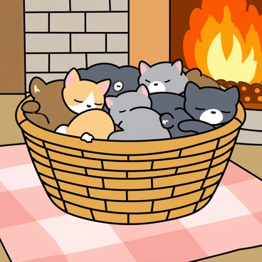A large, woven basket filled with a pile of fluffy kittens, all snuggled together in a cozy manner. The kittens have various fur patterns, including tabby, calico, and solid gray, with their eyes closed and tiny paws tucked under their bodies. The basket sits on a soft, plaid blanket, and nearby, a softly glowing fireplace radiates warm light. The fireplace is made of smooth bricks, with small flames flickering gently. The atmosphere conveys a sense of warmth and comfort, emphasizing the peacefulness of the sleeping kittens.