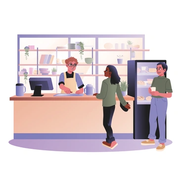 A digital flat illustration depicting a welcoming coffee corner in a coworking space. There is a barista behind the counter, wearing an apron and smiling, pouring coffee into a cup. The barista has light skin and short curly hair. In front of the counter, two coworkers are chatting happily. One coworker has dark skin and is wearing a blue shirt and glasses, while the other has light skin and is wearing a green sweater. On the counter, there are various coffee cups, a coffee machine, and pastries displayed in a glass case. The background features wooden shelves adorned with plants and books, and large windows letting in natural light.