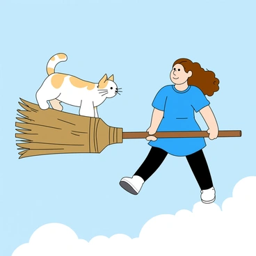 A small, fluffy cat named Mog with a white coat and light brown patches is perched playfully on the back of a large, old-fashioned broomstick. The broomstick is thick and sturdy, with bristles at the end that look worn from many flights. Meg, a girl with long, wavy brown hair, is holding the broomstick firmly. She is wearing a bright blue dress with short sleeves and black leggings. Meg's expression is one of excitement as she looks ahead. The sky is a clear blue, with a few fluffy white clouds drifting by. The scene captures a sense of adventure and fun in the air.