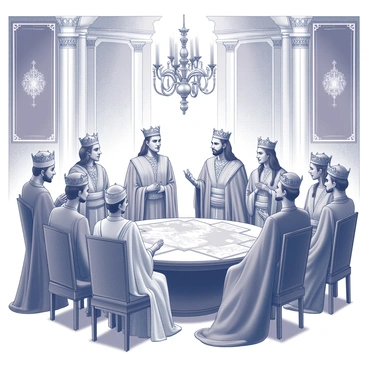 A group of diverse royal figures from various cultures is gathered in an expansive grand hall. Each member of the group is dressed in elaborate attire representative of their unique backgrounds, featuring intricate patterns and traditional designs. The hall is adorned with high ceilings and large, ornate chandeliers. Rich tapestries and banners hang on the walls, showcasing the symbols of each kingdom. The royals are engaged in conversation, with some gesturing while others listen intently. A large, round table is set in the center, surrounded by the royals, displaying maps and documents related to their discussions. The atmosphere conveys a sense of formality and collaboration among the diverse leaders.