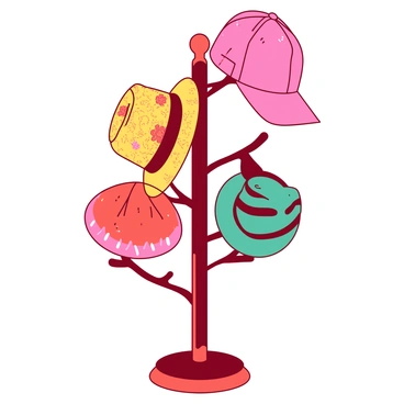 A red hat rack stands against a plain wall, adorned with several hats of diverse shapes and styles. Each hat features bright colors and intricate patterns. A yellow fedora with a floral design rests beside a pink baseball cap decorated with polka dots. An orange beanie with a zigzag pattern hangs on one side, while a teal sun hat with stripes is placed on another hook. The hats are arranged in a playful manner, creating a vibrant display.