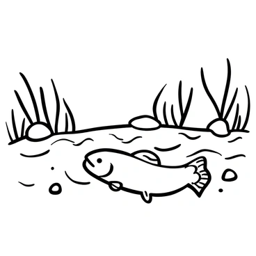 A brown trout swimming gracefully in a river, with rippling water around it. The riverbank is lined with tall grass and small rocks, partially obscured by a light mist rising from the surface of the water. Soft waves create subtle patterns, and the reflection of the trout is visible in the water beneath it. A few scattered pebbles are seen along the riverbed, partially covered by flowing water.