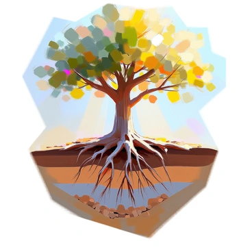 A large tree with a thick trunk and a sprawling canopy stands prominently in the image. Its roots are visibly extending deep into the ground, showcasing a detailed cross-section of the earth layers beneath. The roots intertwine with the soil, which features distinct layers of dark brown topsoil, lighter subsoil, and rocky bedrock at the bottom. Small rocks and pebbles are scattered throughout the soil layers. Sunlight filters through the leaves overhead, casting soft shadows on the ground.