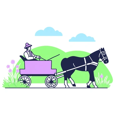 A horse-drawn carriage is moving gently down a country lane. The carriage is made of wood with simple lines and is pulled by a large, dark-colored horse. The driver is a man wearing traditional Amish clothing, including a broad-brimmed hat and a long coat. Beside the carriage, tall green grass sways in the breeze, and wildflowers flourish along the edge of the lane. In the background, there are rolling green hills and a clear blue sky, dotted with a few fluffy clouds. The scene conveys a sense of calm and simplicity in rural life.