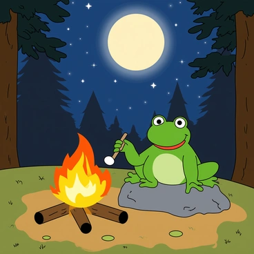 A green frog with big round eyes and a wide smile is sitting on a large rock next to a bright campfire. The flames are crackling and casting a warm glow. The frog is holding a stick with a marshmallow, toasting it over the fire. Above, a large full moon is shining in the night sky, surrounded by twinkling stars. The background features tall trees with shadows dancing in the moonlight, creating a cozy camping atmosphere. The ground is covered with soft grass and scattered leaves.