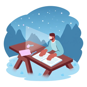 A student is sitting at a wooden picnic table, focused on a syllabus spread out in front of them. The student has a notebook and a pen nearby, ready to take notes. A bright flashlight is illuminating the syllabus, casting a soft glow on the pages. The night sky above is filled with numerous stars, twinkling against a deep blue background. The silhouettes of trees can be seen in the distance, framing the scene. The ground is covered in grass, adding a natural element to the setting.