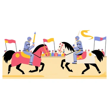 A medieval jousting tournament taking place in an open arena. Two knights in shining armor are charging towards each other on powerful horses, each knight holding a lance aimed at their opponent. The horses are in mid-gallop, with flowing manes and unique decorative barding. Spectators in the background are cheering, dressed in colorful medieval attire. Banners and flags are waving in the breeze, adding vibrant colors to the scene. The ground is dusty, showing signs of the intense competition.