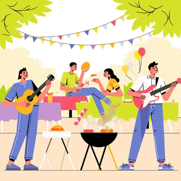 A group of three musicians is playing musical instruments at a barbecue gathering. One musician is strumming an acoustic guitar, while another is holding a tambourine and adding rhythmic beats. The third musician is playing an electric guitar. They are surrounded by a variety of picnic tables with colorful tablecloths, where people are enjoying food. There are grilled items like sausages and burgers on a barbecue grill, with smoke rising into the air. Bright decorations, such as balloons and banners, are visible in the background, adding a festive atmosphere. Sunlight filters through the trees, creating a warm and inviting scene.