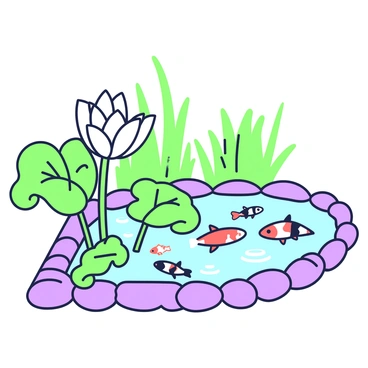 A peace lily with broad green leaves and a single white bloom is growing next to a koi pond. The pond features clear water, and multiple koi fish are swimming gracefully, displaying a variety of patterns and colors. The lily is positioned on the edge of the pond, with its leaves slightly touching the water surface. The pond has smooth stones lining its border, and ripples can be seen where the koi swim. In the background, there are lush green plants enhancing the natural setting.