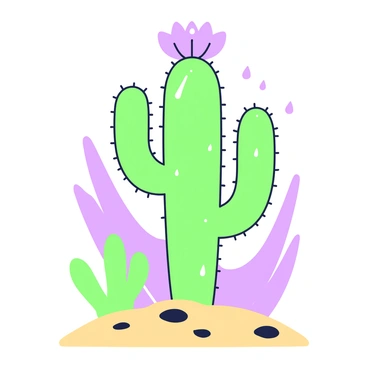 A cactus stands tall in a sandy area with small rocks scattered around its base. It has elongated green stems with spines protruding from them. At the top of the cactus, there is a flower that is vibrant and covered in droplets of water, reflecting the light. The background includes soft, blurred shapes of other desert plants, contributing to the desert environment. The overall scene conveys a moment of freshness and renewal after a rain shower.