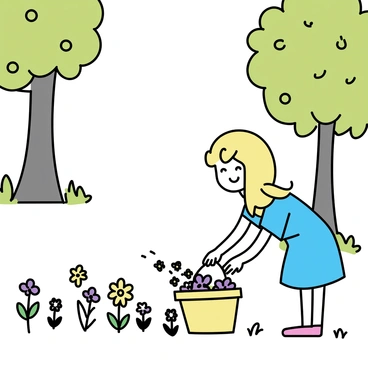 A young girl with long, blonde hair, wearing a blue dress, is bending down to pick wildflowers in a sunlit clearing in the forest. The clearing is surrounded by tall green trees with sunlight filtering through the leaves, casting dappled shadows on the ground. A variety of colorful wildflowers, including yellow daisies and purple violets, are scattered around her. The girl is smiling as she carefully selects the flowers, filling her small basket beside her.