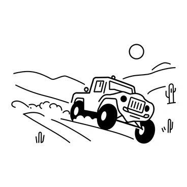 A vehicle, depicted with detailed lines, is skidding off a sandy desert road. The vehicle is a four-wheel drive, with large tires throwing up clouds of sand. Surrounding the vehicle, the desert is expansive, featuring undulating dunes in the background. The sun is positioned high in the sky, casting sharp shadows and creating a sense of heat. A few scattered cacti and sparse vegetation dot the landscape, emphasizing the arid environment.