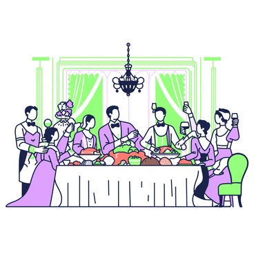 A lavish banquet scene is set in a grand dining hall adorned with ornate decorations. In the center, a long table is laden with an array of exquisite dishes, including roasted meats, fruits, and elaborate pastries, all beautifully arranged on fine china. Surrounding the table are guests dressed in elaborate attire; men wear ornate suits with intricate patterns, while women don flowing gowns featuring lace and ruffles. Some guests are engaged in conversation, while others raise their glasses in a toast. Elegant chandeliers hang from the ceiling, casting light over the scene, highlighting the richness of the feast and the guests' attire.