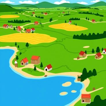 A panoramic view of a Catan landscape featuring diverse terrains, including expansive green pastures, rolling hills, and a shiny blue lake. There are clusters of settlements represented as small wooden houses in various colors, with some positioned near the water's edge. Fields of golden wheat and dark forests are visible, providing contrast to the vibrant greenery. The sun casts a warm light across the scene, highlighting the different textures of the land. Small paths weave between the settlements, connecting them across the various terrains.