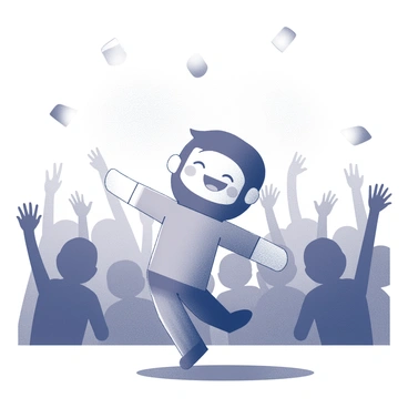 A flat-faced character dancing joyfully at a concert. The character has a simplistic, cartoonish appearance with exaggerated features and a wide smile. The background features a lively crowd of indistinct silhouettes, with hands raised in excitement. The scene is illuminated by varying geometric shapes representing bright lights in the air, creating a sense of movement and energy. The overall composition captures the atmosphere of a vibrant concert setting.
