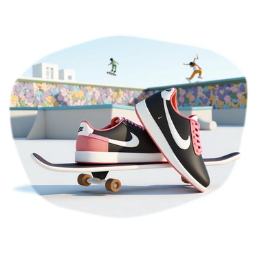A pair of Nike shoes, featuring a bold color scheme with a mix of red, white, and black, positioned on a skateboard. The skateboard has a sleek design and is resting on a concrete ramp. In the background, a vibrant urban skate park filled with colorful graffiti art on the walls. There are skateboarders performing tricks and jumps in the park, showcasing a dynamic atmosphere. The sun is shining brightly, casting sharp shadows on the ground, enhancing the details of the scene.