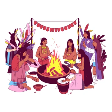 A vibrant scene depicts a cultural fire ceremony taking place around a large fire pit. Participants are dressed in elaborate traditional attire, showcasing intricate patterns and rich colors. Some individuals hold symbolic objects, such as feathers and drums, which are placed respectfully around the fire. The flames flicker brightly in the center, casting warm light on the faces of those gathered. In the background, there are decorative banners and natural elements that enhance the cultural atmosphere.