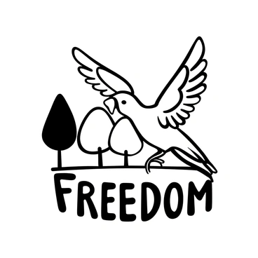 A parrot mid-flight with wings spread wide, displaying an intricate pattern of feathers. The parrot is positioned diagonally across the image, creating a dynamic sense of movement. Its wings are fully extended, emphasizing the various shapes and textures of the feathers. The background features a simple silhouette of trees, providing a contrasting frame for the parrot's form. "Freedom" is artistically written in bold letters beneath the parrot.