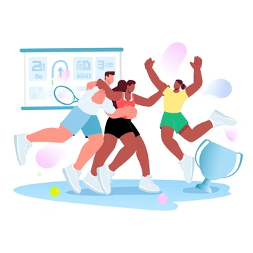 A group of three tennis players are hugging each other on the court after a victorious match. One player is wearing a white shirt and blue shorts while holding a tennis racket in one hand. Another player is dressed in a red tank top and black shorts, raising their other arm in celebration. The third player is wearing a bright yellow shirt and green shorts, jumping in excitement. They are surrounded by tennis balls scattered on the court, and a scoreboard in the background shows their winning score. A large trophy is visible nearby, emphasizing their achievement.
