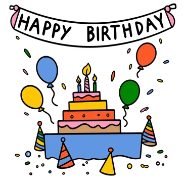 A cartoonish birthday party scene with a giant cake and balloons