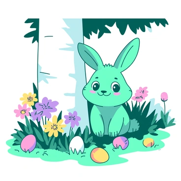 A mischievous bunny hiding eggs behind a tree in a colorful garden