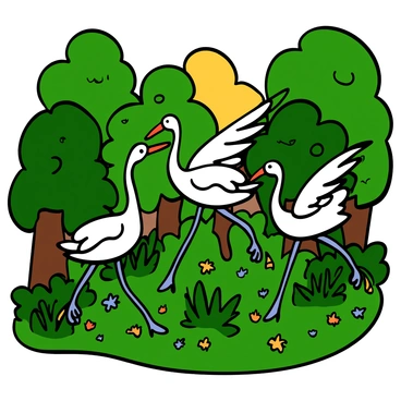 A group of cranes with long legs and elegant necks walking gracefully through a forest. The cranes have white feathers with hints of gray, and their wings are slightly spread, catching the sunlight filtering through the leaves above. The forest is filled with lush green trees and scattered patches of sunlight illuminating the forest floor. Some small flowers and ferns can be seen among the underbrush, adding color to the serene environment.
