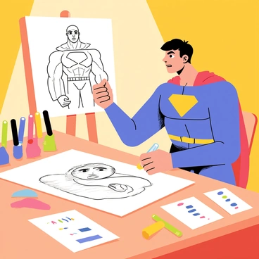 An artist is seated at a wooden drafting table, focusing intently on their sketch. They are using a variety of "Faber-Castell markers" arranged neatly beside them. The artist is drawing a superhero character, depicted with a muscular build, wearing a bright blue costume adorned with a bold yellow emblem on the chest. The superhero has an expressive face, with a determined look in their eyes, and a flowing red cape billowing behind them. The table is cluttered with sketches and color swatches, showcasing the character's exciting poses and vibrant color palette. A warm light source illuminates the scene, enhancing the lively atmosphere.