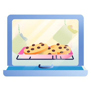 A tray of golden-brown cookies is placed inside an oven. The cookies have a slightly crunchy edge and a soft center, with chocolate chips melting on top. Warm air is circulating inside the oven, creating a gentle heat haze around the tray. The oven door is partially open, revealing the bright interior light illuminating the cookies. There are oven mitts hanging on the handle outside, and the kitchen wall behind the oven is painted a soft, warm color.