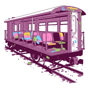 An abandoned train car sits on a rusted track, its exterior faded and covered in vibrant graffiti. Inside the train car, there are several broken seats, some with torn upholstery revealing worn foam underneath. The walls are adorned with colorful tags and art, creating a stark contrast against the peeling paint. Sunlight filters through the dirty, cracked windows, casting shadows on the dusty floor. The atmosphere is filled with a sense of desolation and neglect.