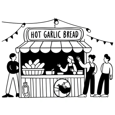 A food stall at a festival with a sign advertising hot garlic bread