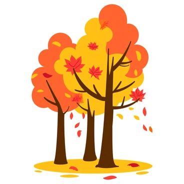 A group of tall trees with intricate line work stands prominently in the foreground. Their branches are adorned with colorful autumn leaves in shades of red, orange, yellow, and brown. Leaves gently cascade from the branches, creating a vibrant shower as they descend toward the ground, which is partially covered in a colorful carpet of fallen leaves. The scene captures the essence of fall with clear, detailed lines defining the trees and leaves.