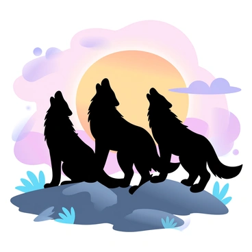 A pack of wolves stands on a rocky outcrop with their bodies in silhouette against a vibrant sunset. The wolves are positioned with their heads raised as they howl in unison. The sky is filled with gradient pastel colors, transitioning from deep oranges to soft purples and pinks. Wispy clouds are scattered throughout the sky, reflecting the warm hues of the sunset. The foreground features patches of grass and rugged terrain, enhancing the wild atmosphere of the scene.