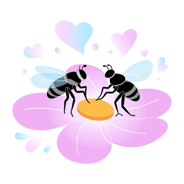 Two flies are perched on a vibrant flower petal. The petal is a bright shade of pink, featuring intricate veins and a soft texture. Small hearts are floating above the flies, created in a gradient of pastel colors. The background is softly blurred to emphasize the delicate scene. The flies have shiny bodies and delicate wings, facing each other as they enjoy their moment together.