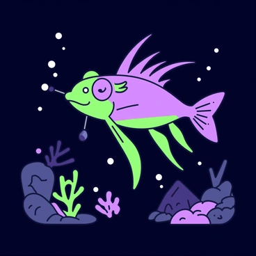 A mysterious deep-sea fish with a streamlined body is swimming through a dark ocean environment. The fish has elongated fins and large eyes that appear to reflect faint light. It is adorned with glowing lures that dangle from its head, emitting a soft glow that illuminates its immediate surroundings. Silhouetted against the darkness, the fish navigates through a landscape of underwater rocks and bioluminescent corals, with faint outlines of other deep-sea creatures visible in the background. Small bubbles rise around the fish as it moves through the water.
