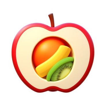 A vibrant red apple being sliced in half, showcasing its inner layers. Inside the apple, there are colorful segments of fruit such as orange mandarin slices, yellow banana pieces, and green kiwi sections, all arranged neatly. The cut surface of the apple glistens with freshness, and the contrasting colors of the hidden fruits are vivid and inviting. Each fruit layer is clearly defined, creating a visually appealing cross-section.