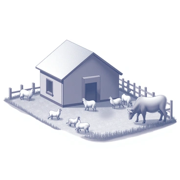 A peaceful barnyard with farm animals grazing under a clear sky