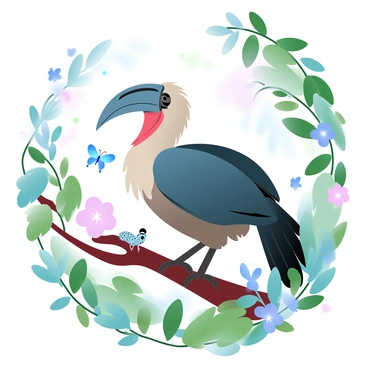 A hornbill is perched on a tree branch in its natural habitat. The bird has a distinctive large beak and is surrounded by lush green foliage. In the background, there are colorful flowers blooming among the leaves. Various insects are depicted, such as butterflies and beetles, fluttering around the area. Small animals, including a squirrel and a chameleon, are also present in the scene, blending into the vibrant surroundings. Sunlight filters through the leaves, creating a warm atmosphere in the environment.