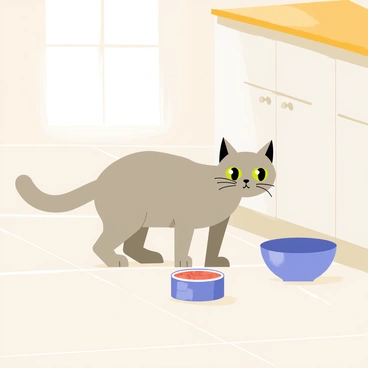 A playful gray tabby cat with bright green eyes is sitting on a beige tiled kitchen floor. The cat is crouched low, with its tail twitching in excitement as it eyes a freshly opened can of tuna. The can is metallic with a shiny surface, and a small amount of tuna is visible inside. Nearby, a blue food bowl sits empty, while sunlight streams through a window, casting soft shadows around the scene. The kitchen has white cabinets and a wooden countertop, enhancing the vibrant atmosphere.