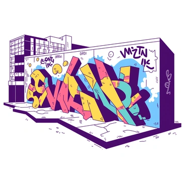 A large mural fills the surface of a city wall, showcasing a vibrant street art piece. The mural features a dynamic composition of abstract shapes and patterns, with intricate details capturing the viewer's attention. Bold outlines define the elements within the mural, which are filled with two contrasting colors, creating a striking visual impact against the backdrop of the urban setting. Surrounding the mural, graffiti tags in smaller fonts add layers of context and character to the scene. The wall is weathered, hinting at its long-standing presence in the bustling city environment.