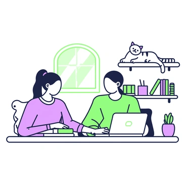 A working girl is sitting at a home office desk, typing intently on her laptop. She has long hair tied back in a ponytail and wears a comfortable sweater. The desk is organized with a green notebook, a purple mug filled with pens, and a small potted plant. Nearby, a cat with a striped coat is lounging on the desk, looking up at her. The background includes a window with light streaming in and a bookshelf filled with various books. A soft chair is positioned next to the desk.